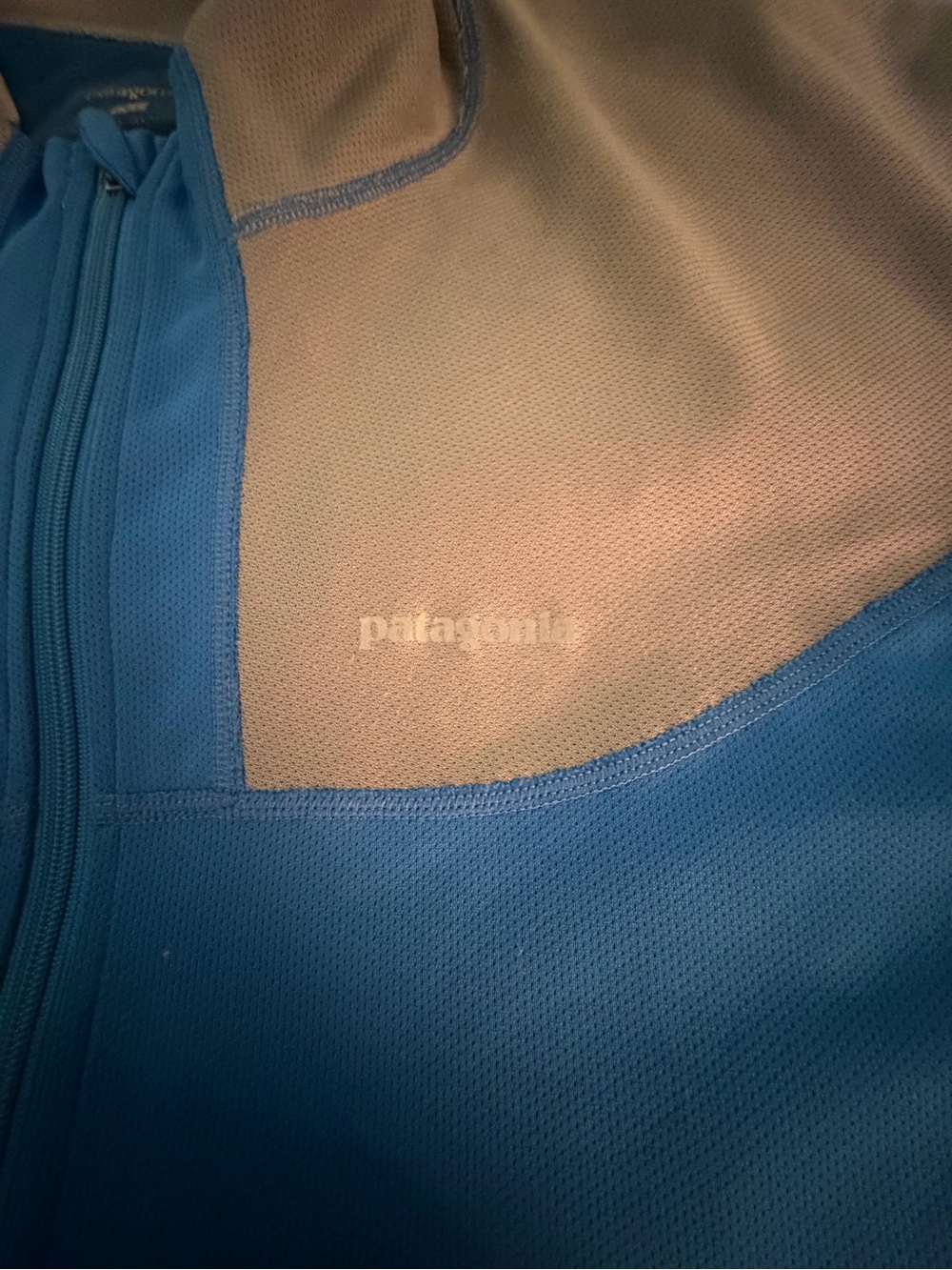 Patagonia Blue and Cream Short Sleeve Zip-Front Top Men’s Large - Picture 2 of 5